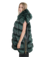 Fox vest with hood 62 fur with shiny green leather gold zip closure and sides - Image 3