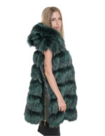 Fox vest with hood 62 fur with shiny green leather gold zip closure and sides - Image 4