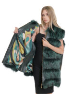 Fox vest with hood 62 fur with shiny green leather gold zip closure and sides - Image 7