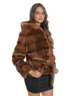 Giacca con cintura esterna pelliccia gold 44 manica lunga orizzontale cappuccio donna