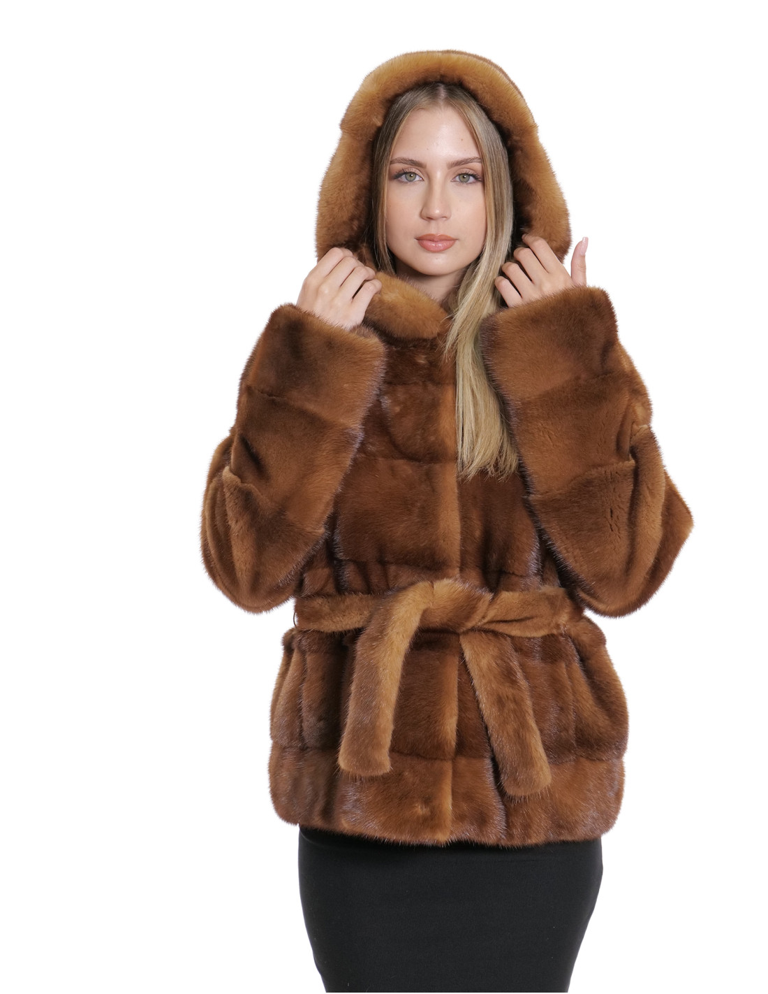 Giacca con cintura esterna pelliccia gold 46 manica lunga orizzontale cappuccio donna Giacca con cintura esterna pelliccia gold 46 manica lunga orizzontale cappuccio donna