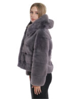 Giacche grigio orizzontale cappuccio visone pelliccia 44 grigio coulisse vita manica lunga corta
