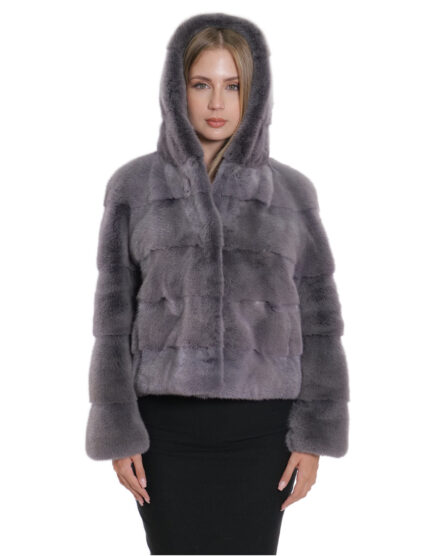 Giacche grigio orizzontale cappuccio visone pelliccia 46 grigio coulisse vita manica lunga corta