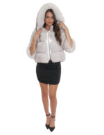 Giacca lunga 60 cm 42 pelliccia volpe bianco brinato zip lavorazione orizzontale con maniche lunghe e cappuccio