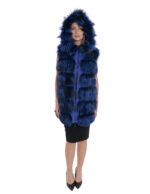 Gilet blu volpe 48 pelle intera pelliccia con pelle scamosciata bluette tasche esterne cappuccio
