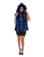 Fox Blue Weste 46 Kurzes Volllederfell mit Wildleder Hellblaue Außentaschen Kapuze – Bild 5