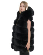 Gilet volpe nero zip oro 58 cappuccio pelliccia tasche esterne zip ai lati smanicato lungo 84 cm