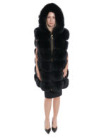 Gilet volpe nero zip oro 62 cappuccio pelliccia tasche esterne zip ai lati smanicato lungo 84 cm