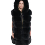 Gilet volpe nero zip oro 62 cappuccio pelliccia tasche esterne zip ai lati smanicato lungo 84 cm