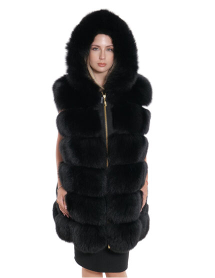 Gilet volpe nero zip oro 62 cappuccio pelliccia tasche esterne zip ai lati smanicato lungo 84 cm