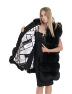 Gilet volpe nero zip oro 58 cappuccio pelliccia tasche esterne zip ai lati smanicato lungo 84 cm