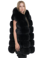 Gilet volpe nero zip oro 62 cappuccio pelliccia tasche esterne zip ai lati smanicato lungo 84 cm