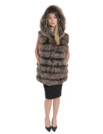 Gilet volpe marrone sfumato ganci 46 cappuccio pelliccia tasche esterne smanicato lungo 80 cm