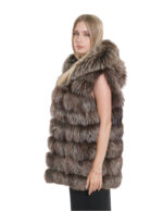 Gilet volpe marrone sfumato ganci 46 cappuccio pelliccia tasche esterne smanicato lungo 80 cm