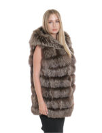 Gilet volpe marrone sfumato ganci 46 cappuccio pelliccia tasche esterne smanicato lungo 80 cm