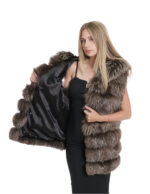 Gilet volpe marrone sfumato ganci 46 cappuccio pelliccia tasche esterne smanicato lungo 80 cm