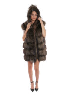 Gilet volpe con cappuccio 62 pelliccia con pelle marrone scamosciata zip oro second life