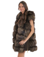 Gilet volpe con cappuccio 62 pelliccia con pelle marrone scamosciata zip oro second life