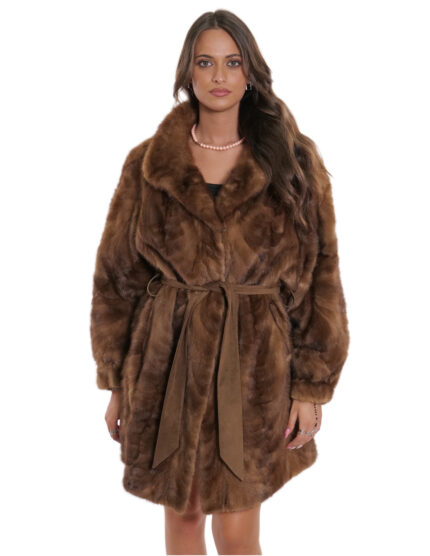 Cappotto petali di visone gold 56 manica con elastico cinta in pelle esterna collo pistagna