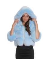 Giacca pelliccia volpe 40 azzurro lunga 50 cm con manica tre quarti e cappuccio con pelliccia interna