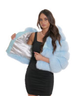 Giacca pelliccia volpe 42 azzurro lunga 50 cm con manica tre quarti e cappuccio con pelliccia interna