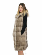 Gilet 94 cm silverblue visone orizzontale e rex 52 pelliccia cappuccio coulisse