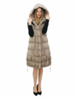Gilet 94 cm silverblue visone orizzontale e rex 56 pelliccia cappuccio coulisse