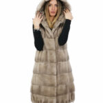 Gilet 94 cm silverblue visone orizzontale e rex 56 pelliccia cappuccio coulisse