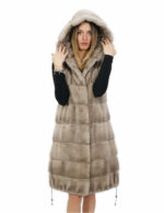 Gilet 94 cm silverblue visone orizzontale e rex 56 pelliccia cappuccio coulisse