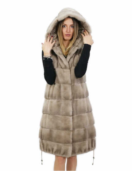 Gilet 94 cm silverblue visone orizzontale e rex 56 pelliccia cappuccio coulisse