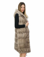 Gilet 94 cm silverblue visone orizzontale e rex 56 pelliccia cappuccio coulisse
