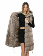 Gilet 94 cm silverblue visone orizzontale e rex 56 pelliccia cappuccio coulisse