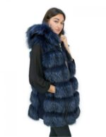 Gilet in pelliccia di volpe 48 e pelle colore blu chiusura zip e cappuccio in pelliccia esterna