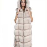 Gilet lungo in pelliccia di volpe rosa 44 con cappuccio e pelle scamosciata 112 centimetri