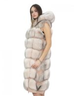 Long Vest in Pink Peony Fox Fur 48 with Hood and Suede 112cm - Image 3