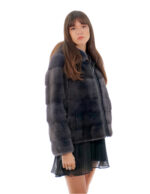 Horizontal mink jacket with zip 42 dark grey anthracite long sleeve hood - Image 3