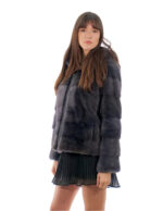Horizontal mink jacket with zip 42 dark grey anthracite long sleeve hood - Image 4