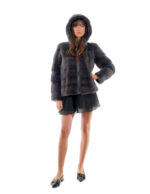 Horizontal mink jacket with zip 42 dark grey anthracite long sleeve hood - Image 5