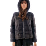 Giacca visone orizzontale con zip 42 grigio scuro antracite manica lunga cappuccio