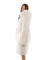 Cappotto volpe bianco 46 lungo 108 centimetri manica lunga cintura esterna in pelle cappuccio enorme