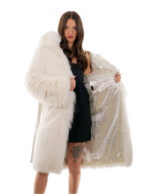 Cappotto volpe bianco 46 lungo 108 centimetri manica lunga cintura esterna in pelle cappuccio enorme