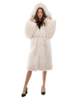 Cappotto volpe bianco 48 lungo 108 centimetri manica lunga cintura esterna in pelle cappuccio enorme
