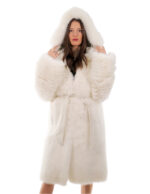 Cappotto volpe bianco 48 lungo 108 centimetri manica lunga cintura esterna in pelle cappuccio enorme
