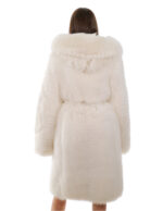 Cappotto volpe bianco 48 lungo 108 centimetri manica lunga cintura esterna in pelle cappuccio enorme