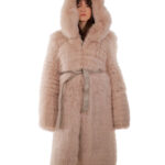 Cappotto volpe rosa 44 lungo 108 centimetri manica lunga cintura esterna in pelle cappuccio enorme
