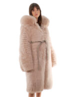 Cappotto volpe rosa 44 lungo 108 centimetri manica lunga cintura esterna in pelle cappuccio enorme
