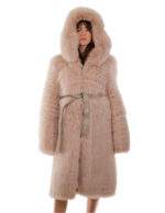 Cappotto volpe rosa 46 lungo 108 centimetri manica lunga cintura esterna in pelle cappuccio enorme