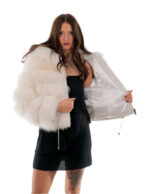 White fox fur jacket 40 long sleeve white leather 56cm long - Image 6