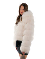 White fox fur jacket 44 long sleeve white leather 56cm long - Image 3