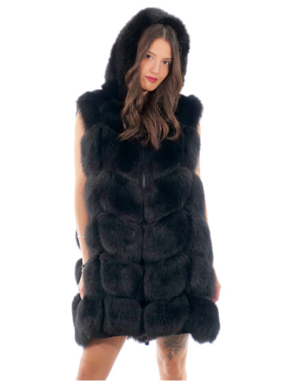 Gilet lungo in pelliccia di volpe nero 52 con cappuccio zip e pelle scamosciata 86 centimetri
